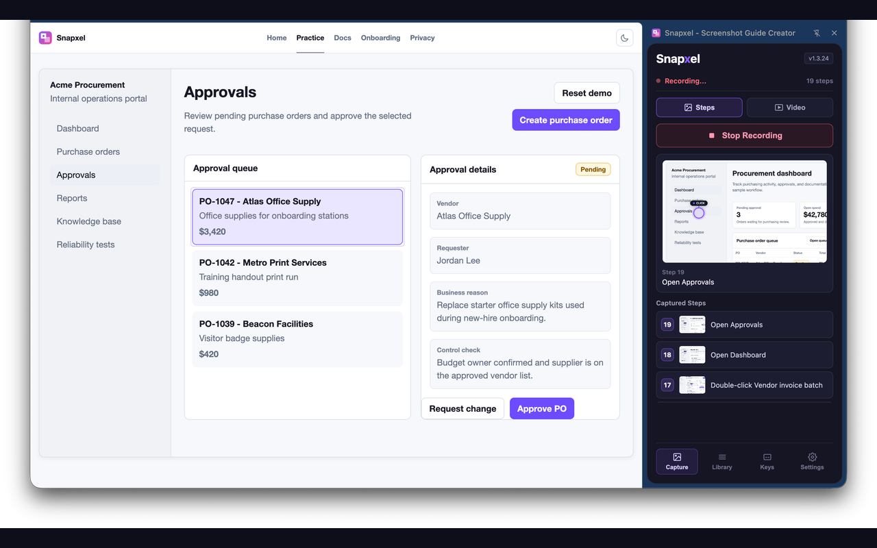 Snapxel side panel recording steps beside a browser workflow