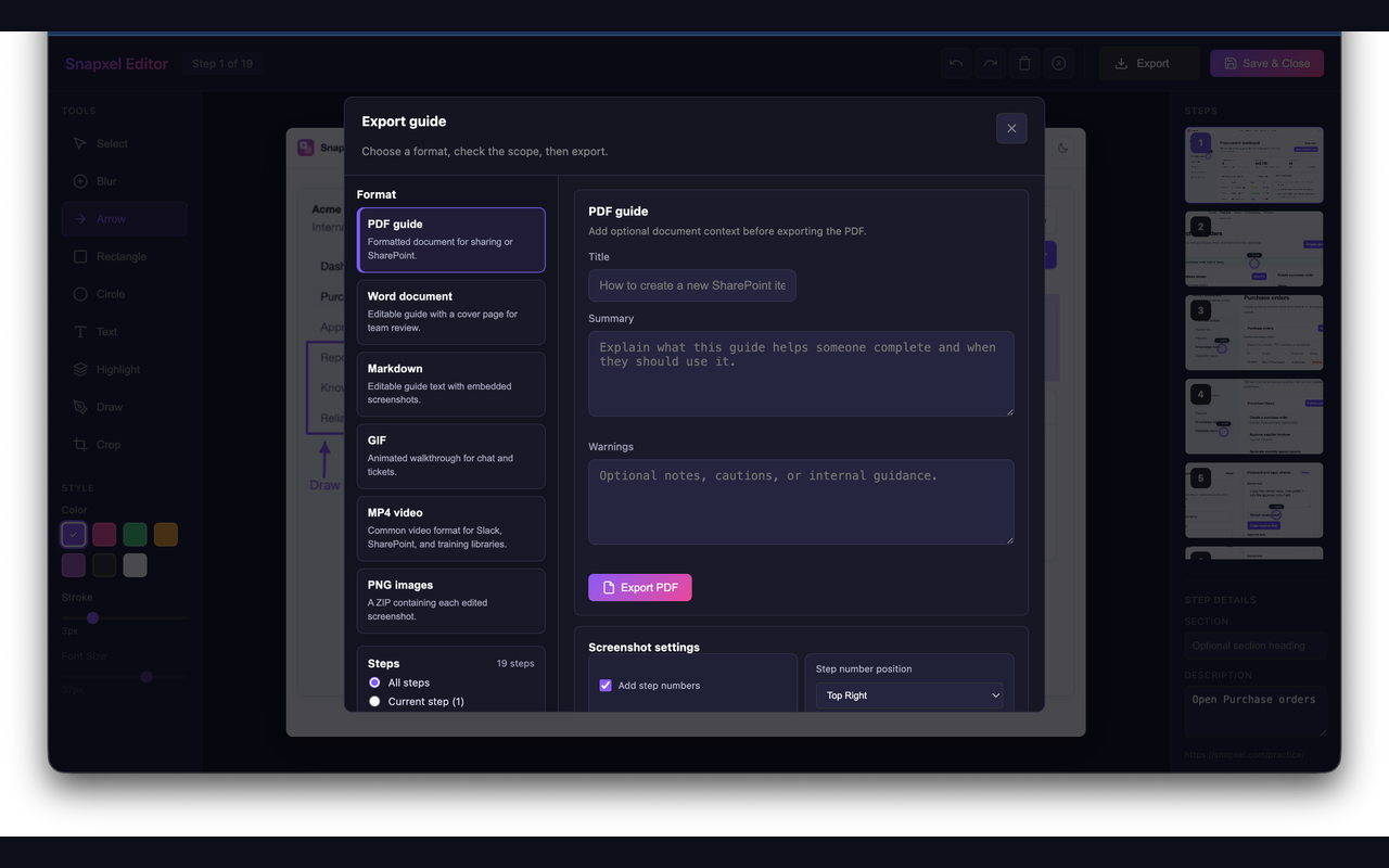 Snapxel export dialog with guide formats