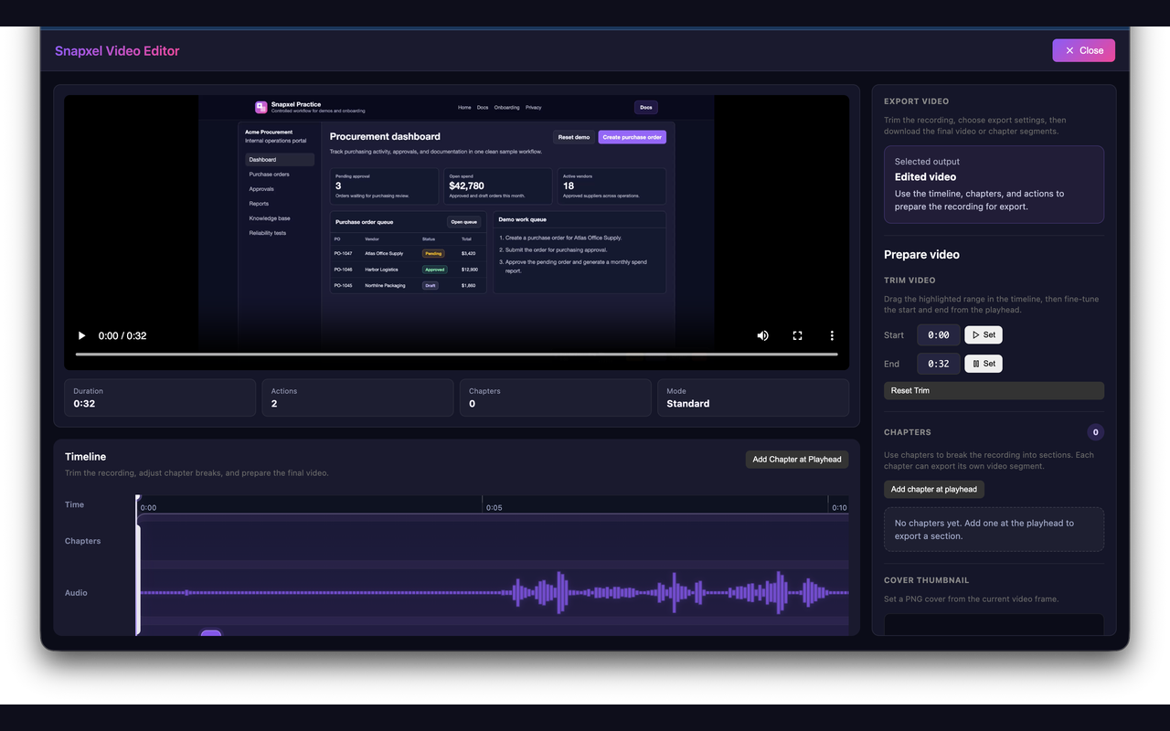 Snapxel video editor with timeline and export controls